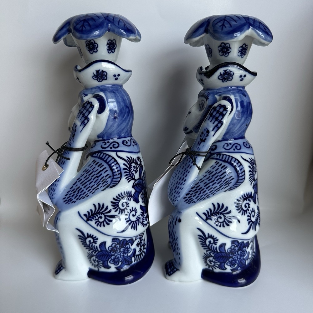 NWT 8 Oak Lane Blue White Porcelain Chinoiserie Monkey Candlestick Set 9 Inch - Picture 4 of 12